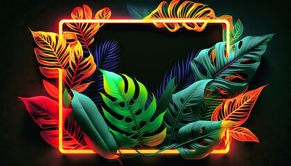 Fototapeta na wymiar Colorful tropical leaves with neon frame on dark background. Generative AI.