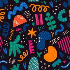 Abstract seamless pattern, cartoon style. Hand drawn irregular shapes with dots, stripes and lines. Doodle figures and sketchy drawings. Fun chaotic multicolored geometric textile design.