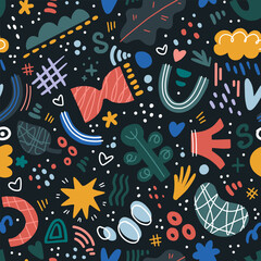 Abstract seamless pattern, cartoon style. Hand drawn irregular shapes with dots, stripes and lines. Doodle figures and sketchy drawings. Fun chaotic multicolored geometric textile design.