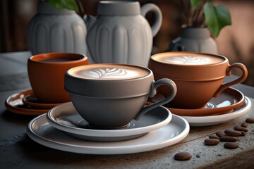 Closeup On a gray table in a cafe or restaurant are small and large colorful clay cups holding lattes, cappuccinos, americanos, espressos, and mochas. aromatic coffee for breakfast in the morning. Con