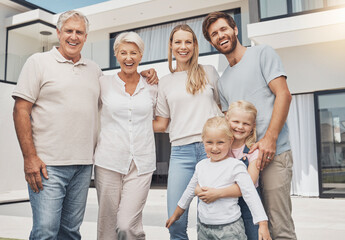 Fototapeta na wymiar Big family, senior people and child backyard at luxury house, property or real estate in happy group portrait. Love, home and elderly parents, mother and father with kids for investment or retirement