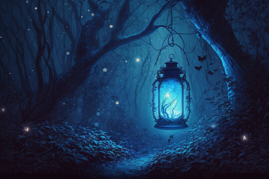 Beautiful blue lantern in the forest at night time generative AI