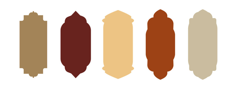 Set of oriental style Islamic ramadan kareem and eid mubarak windows and arches, door mosque, mosque dome and lanterns. Colored vector illustration isolated on white background