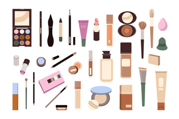 Set of decorative cosmetics for makeup. Modern beauty products. Foundation, eye shadow palette, concealers, lipsticks, mascara, eyeliner. Isolated flat vector illustration