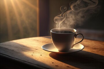 Coffee background with copy space peaceful moment concept, top view of a cup of hot coffee with steaming above the cup setting on oak table under morning light near the window. Generative AI