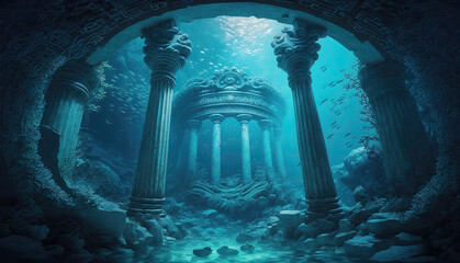 The remnants of Atlantis. Underwater structures. Lost civilization of Atlantis. generative ai - obrazy, fototapety, plakaty