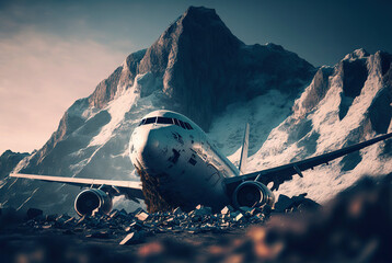 Fototapeta premium Aircraft crash in mountains. Airliner catastrophe. Plane accident with snowy mountains backdrop. Generative AI