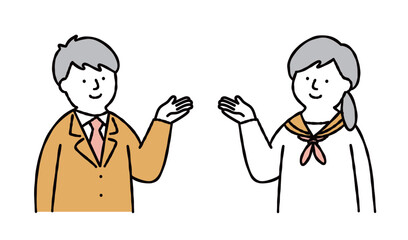 案内をする男女の学生　上半身　セット　イエロー