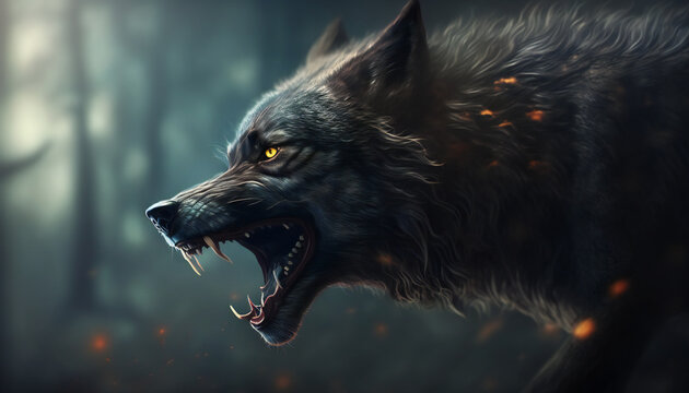 Portrait of a furious gray wolf. Angry wolf roaring isolated on