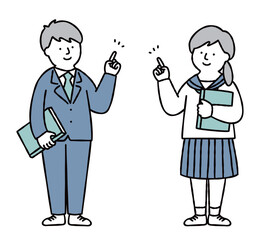 案内をする男女の学生　全身　セット　ブルー