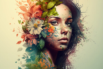 Beautiful girl symbolising Mother nature concept seamlessly merged with beautiful face portrait of a young woman. Ai generated