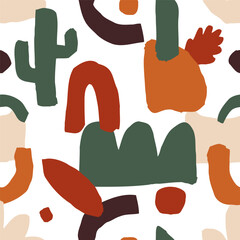 Abstract seamless pattern with random shapes and doodle elements. Creative collage repeating print. Modern vector background for fabric, textile, wallpaper