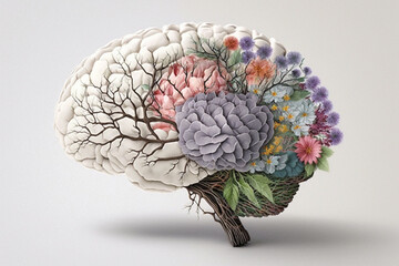 Human brain with spring flowers, symbolising mental health and self care concept, positive thinking, creative mind, positive ideas. Ai generated