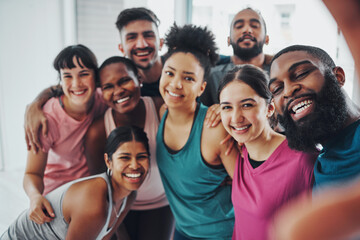 Fitness, gym and selfie of group of friends excited for workout, exercise goals and training together. Sports club, diversity and portrait of happy people smile for motivation, yoga and pilates class