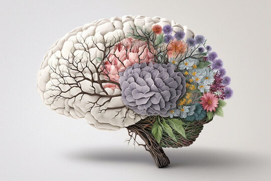 Human brain with spring flowers, symbolising mental health and self care concept, positive thinking, creative mind, positive ideas. Ai generated