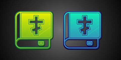 Green and blue Holy bible book icon isolated on black background. Vector