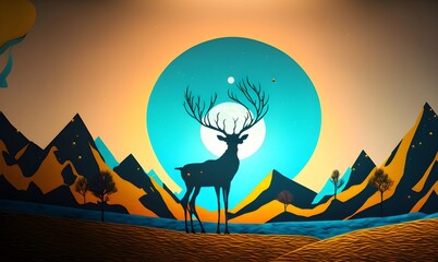 3d modern art mural wallpaper with light background. golden deer, black Christmas tree, turquoise mountains, and moon with a golden sun.