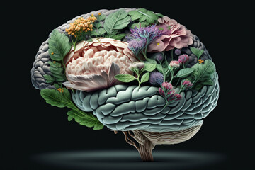 Human brain with spring flowers, symbolising mental health and self care concept, positive thinking, creative mind, positive ideas. Ai generated