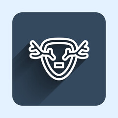 Obraz premium White line Deer antlers on shield icon isolated with long shadow background. Hunting trophy on wall. Blue square button. Vector