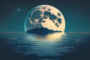 full moon at sea at dusk reflection of a starry, hazy, blue sky on the lake. Generative AI