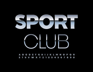 Vector artistic Emblem Sport Club. Trendy Silver Font. Steel Alphabet Letters and Numbers set
