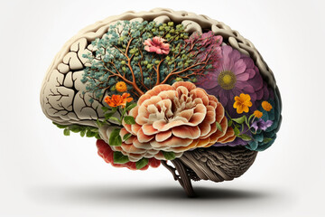 Human brain with spring flowers, symbolising mental health and self care concept, positive thinking, creative mind, positive ideas. Ai generated