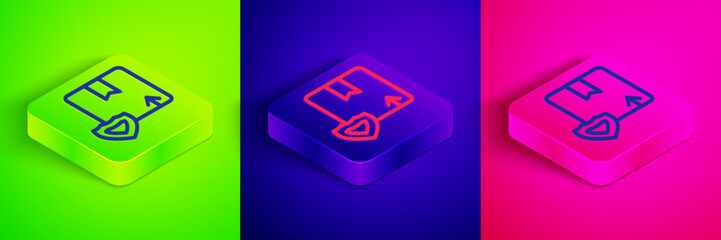 Isometric line Delivery security with shield icon isolated on green, blue and pink background. Delivery insurance. Insured cardboard boxes beyond the shield. Square button. Vector