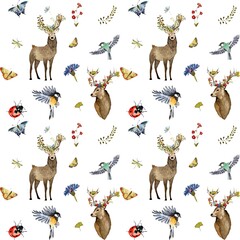 Deer bird insect flower nature pattern watercolor