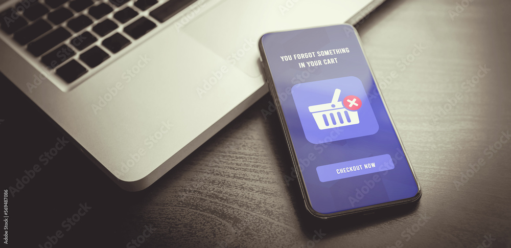 Poster abandoned shopping cart recovery email marketing strategies concept. smartphone with open email, you