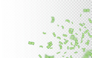 Dollar banknotes falling. Dollars green icon explosion. Money rain border. Winner banner. Cash cartoon sign. Currency collection. Paper bank notes. Jackpot, big win lottery. Vector illustration