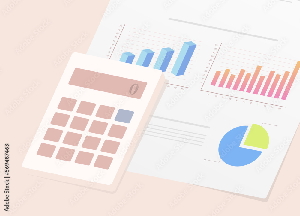 Poster financial analysis and planning depicted through an illustration of calculator on document with fina
