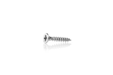 macro screw of silver color on a white background - obrazy, fototapety, plakaty