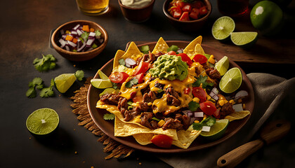Nachos with Beef, Cheese, Tomatoes, and Jalapenos, generative ai