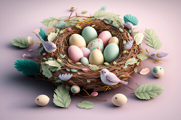 Fototapeta na wymiar Beautiful Easter eggs in a nest amongst nature elements such as flowers and leafs in pastel colors creating a spring-like ambiance. Ai generated