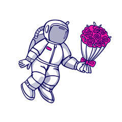 Cartoon astronaut with a bouquet of flowers. Cute vector illustration for Valentine's day, wedding, party, children's holiday. Hand drawing isolated on white background.