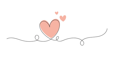 Hearts continuous one line art drawing, valentines day concept, heart love couple outline artistic isolated
