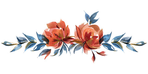 Blue and orange roses floral garland vignette in folk cottege trend