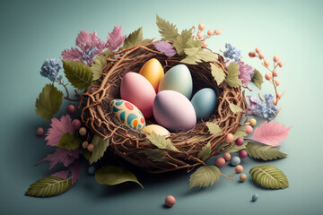 Beautiful Easter eggs in a nest amongst nature elements such as flowers and leafs in pastel colors creating a spring-like ambiance. Ai generated