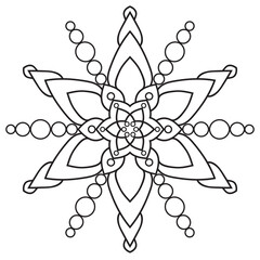 Simple mandala flower design for coloring book pages. Doodle floral circle pattern in bold print. 
Easy mandala for beginners