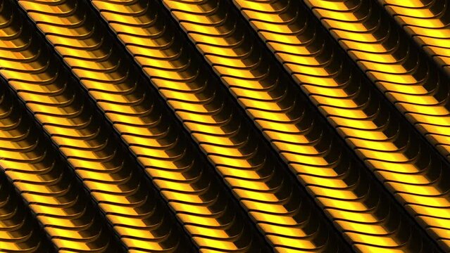 Abstract wavy moving metallic shapes animation. Gold metal elements forming interresting surface pattern. Seamless looping animation.