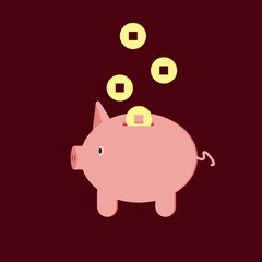 Cute piggy bank with chinese coins. Concept of saving money and accumulation. Capital accumulation and successful business. Moneybox with foreing currency.