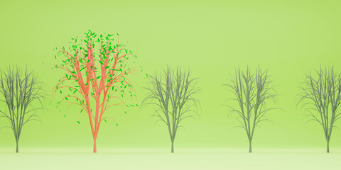 Spring concept of green renewed tree on green background. 3d rendering