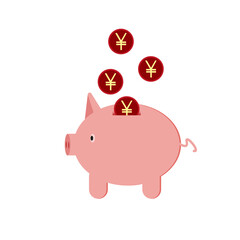 Cute piggy bank with chinese coins. Concept of saving money and accumulation. Capital accumulation and successful business. Moneybox with foreing currency.