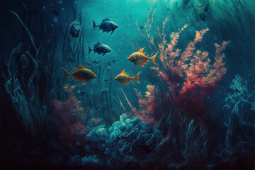 Fototapeta na wymiar Colorful Reef, Underwater Background, Fishes in the Sea, Concept Art, Digital Illustration, Generative AI