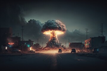 Nuclear explosion in a city. Generative Ai art. Buildings collapsing from the blast. 