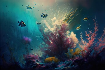 Colorful Reef, Underwater Background, Fishes in the Sea, Concept Art, Digital Illustration, Generative AI