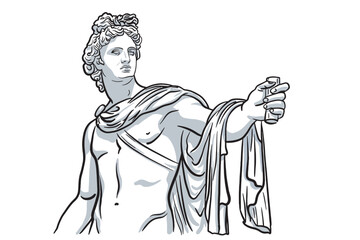 Vector illustration of antique bust of Apollo in hand drawn. Sketch style isolated on white.