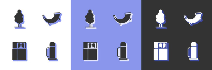 Set Thermos container, Tree, Open matchbox and matches and Hunting horn icon. Vector