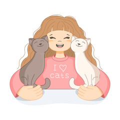 A girl cuddles her favorite cats