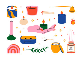 Cartoon candles various shapes. Scented candle wick fire matches aroma sticks, flat icon collection. Vector isolated set
